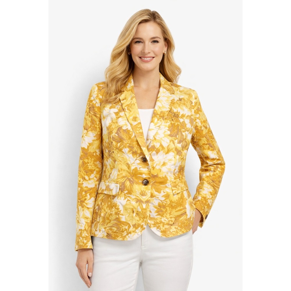 Talbots Floral Blazer Womens 16 Yellow White Cotton‎ Two Button NWT New